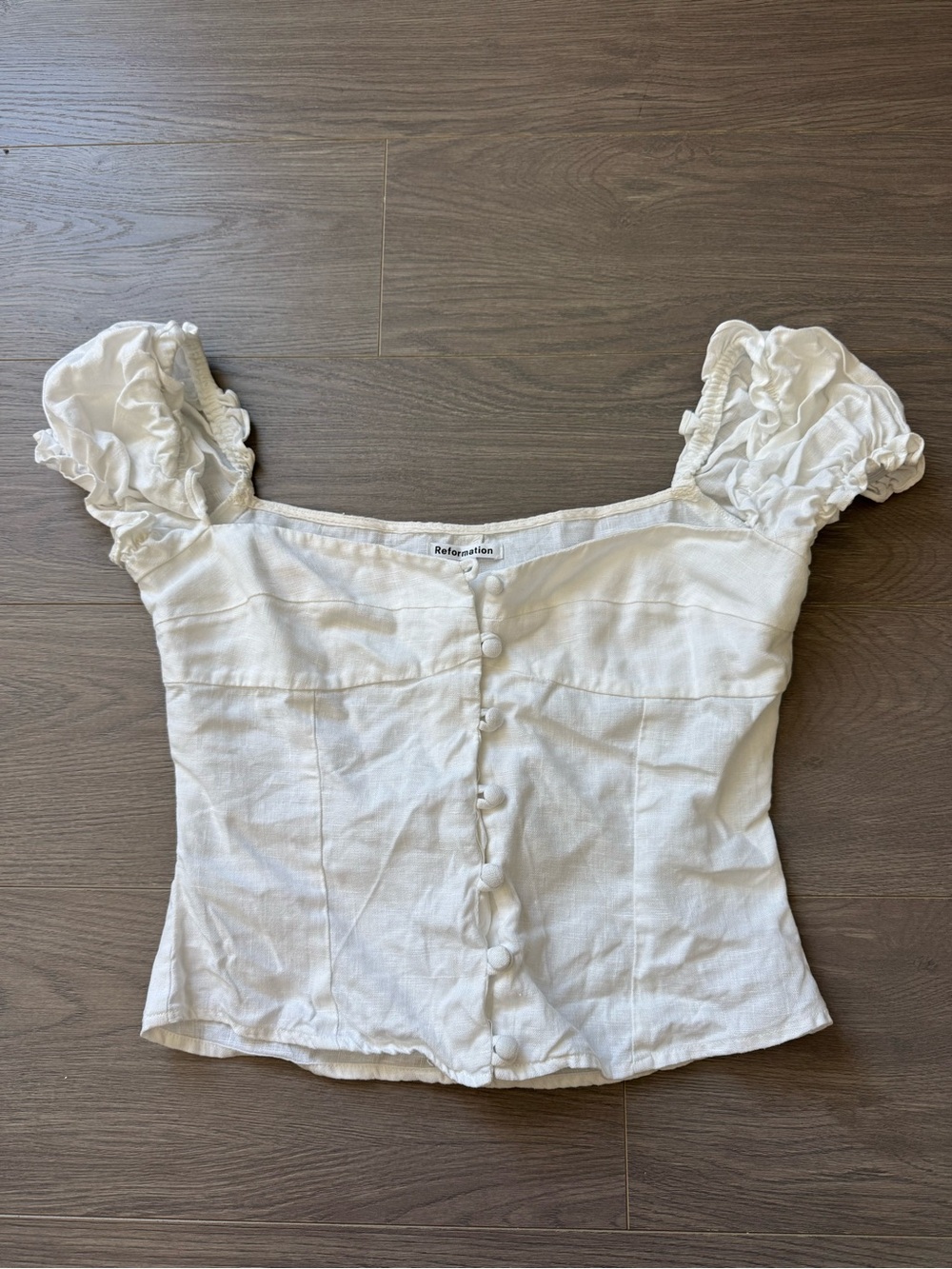 Reformation linen Cream Puff-Sleeve Button Front Blouse